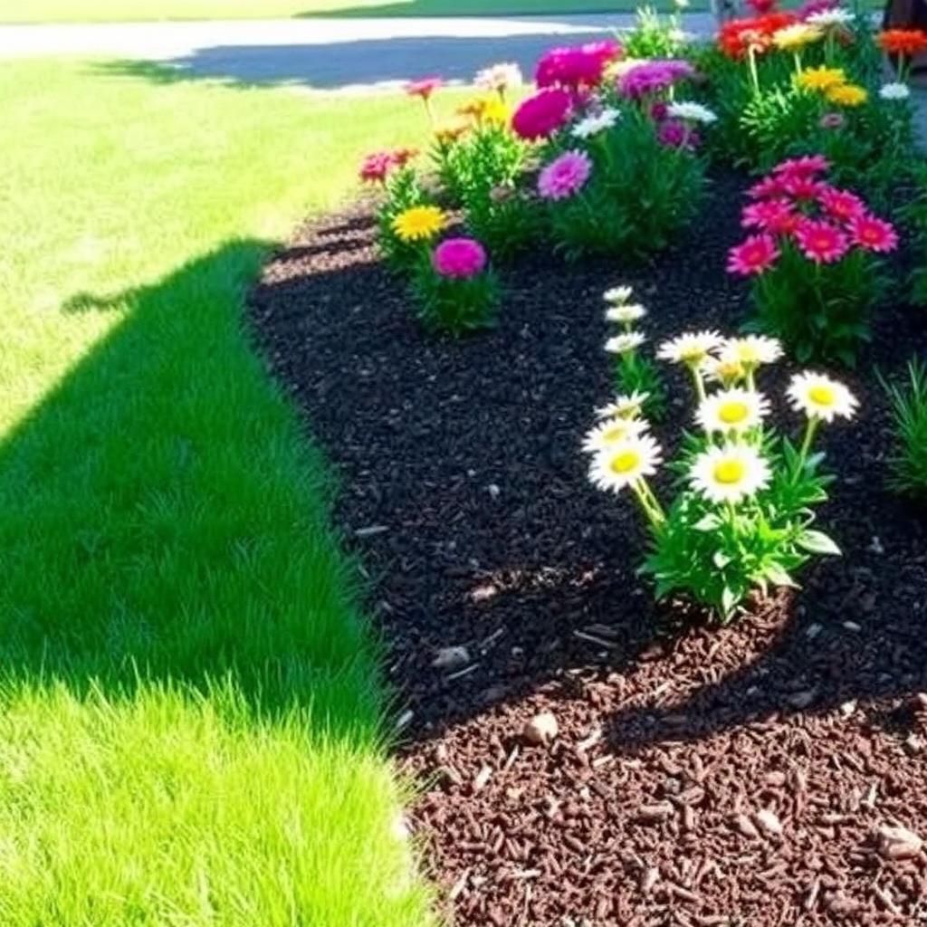 Clean flowerbed with fresh mulch and colorful flowers alongside a green lawn